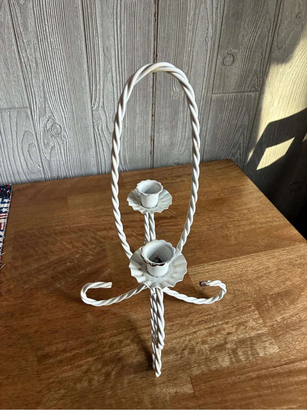Vintage White Metal Twisted Rope Candle Holder
